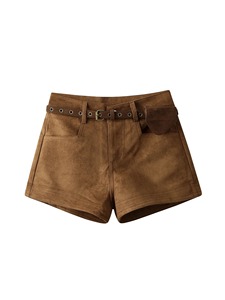 Women's <b>Brown</b> Y2k Micro <b>Suede</b> Shorts 2000s Vintage Harajuku Hot Shorts Aesthetic Oversize High <b>Belt</b> And Pouch Casual Style For - Product Image 2