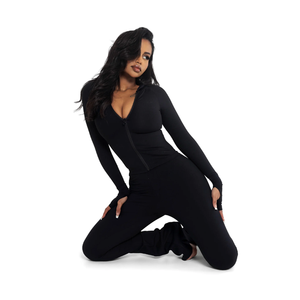 Women's <b>Black</b> <b>Long</b> <b>Sleeve</b> Hooded <b>Jumpsuit</b> High Waist Full Length Solid Color Breathable Stretch Knitted Street Wear - Product Image 2