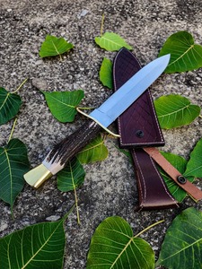 Cuchillo Bowie con mango de cuerno de ciervo hecho a mano, con funda de cuero personalizada, hoja de acero inoxidable con punta caída, cuchillo de caza. - Product Image 5