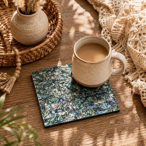 Square MOP Mother of Peals & Sea Shell Inlay Handmade Modern Design <b>Coaster</b> Set 10 CM Diameter - Product Image 2