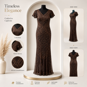 Women Brown Beaded <b>Sequin</b> Mermaid Maxi Dress V Neck Flutter Sleeve Embellished Evening Gown Formal Party Wedding Prom Elegant - Product Image 5