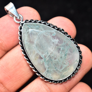 Colgante de Ágata Musgosa Chapado en Plata, Cabujón de Ágata Musgosa, Colgante de Ágata Musgosa con Corte Rosa - Product Image 1