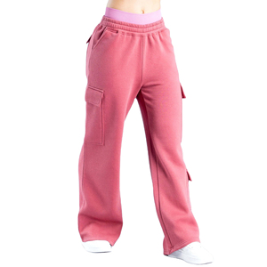 Pantalon cargo décontracté sportif rose uni taille haute coupe droite longueur entière pour femme avec poches et taille élastique, idéal pour l'été, 100 % polyester - Product Image 1