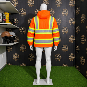 Men's High Visibility <b>Orange</b> Reflective Rain <b>Jacket</b> With Removable Hood Waterproof Workwear Safety Coat - Product Image 5