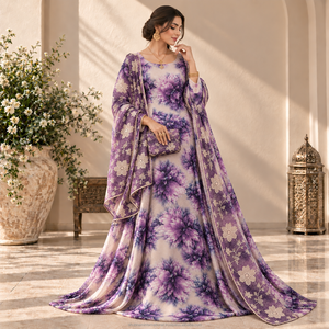 Tissu imprimé floral de luxe violet suisse Dirac 100 % polyester avec dentelle brodée pour tenue de mariage et de fête - Product Image 1