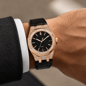 Montre mécanique haut de gamme pour homme, ton or rose, lunette sertie de diamants, bracelet en cuir noir de luxe, verre saphir, montre en moissanite - Product Image 6