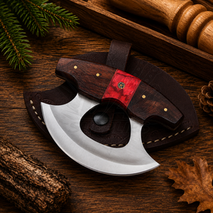 Luxury Handmade Ulu Chef <b>Knife</b> Stainless Steel Blade Custom Wooden <b>Handle</b> Curved Design Ambidextrous High-Polish Finish Leather - Product Image 1