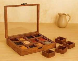 Boîte à épices en bois artisanale avec couvercle en verre, 12 compartiments, Masala Dabba, organisateur d'épices de cuisine, Masala Dani en bois, assaisonnement - Product Image 2