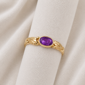 Natural Amethyst Oval Ring Gold Tone Vintage Style Ring <b>Hand</b> Engraved Band Elegant Minimal Designer Ring for Women Gift - Product Image 4