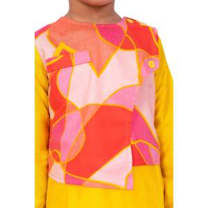 Boys XL Full Sleeves Cotton Kurta-<b>Pyjama</b>-Jacket Yellow & Coral All-Over Printed - Product Image 2