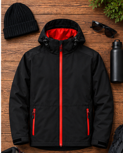 Veste coupe-vent à capuche noire pour homme, fine, imperméable, en polyester, fermeture éclair sur le devant, décontractée, pour l'hiver, coupe régulière, unie - Product Image 5