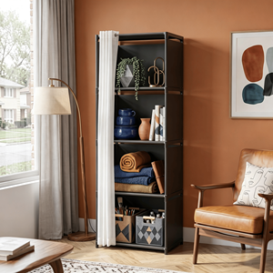 5-Tier Storage Cabinet Closet with Curtain Silver Metal Pipe <b>Shelf</b> <b>Rack</b> Black Fabric Panels Freestanding - Product Image 6