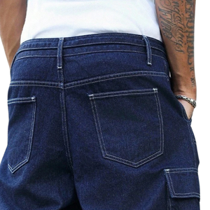 <b>Mens</b> Dark Blue Denim Cargo Shorts Breathable Mid Button Loose Fit Utility Pocket <b>Drawstring</b> Casual Streetwear Summer Fashion - Product Image 4