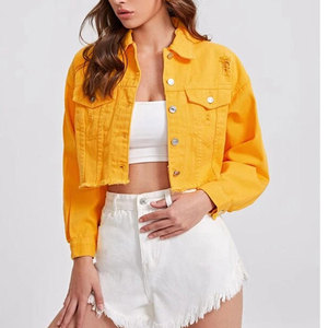 Veste en jean jaune Econex Sports, style camionneur, manches longues, col rabattu, coton délavé, coupe courte, bords effilochés, style printemps - Product Image 5