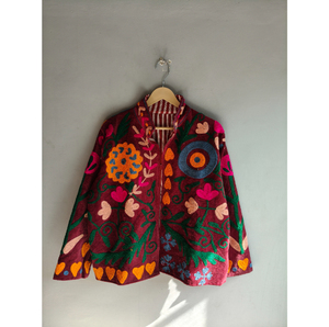 Veste en coton brodée à la main à motifs floraux, col mandarin, style bohème, manteau de printemps à manches longues, longueur normale, CADEAU POUR ELLE - Product Image 1