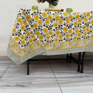 Trending Dusty Rose Sage Yellow Indian Handmade Floral Block Printed Customized Size 100% Cotton Eco-Friendly Classic <b>Tablecloth</b> - Product Image 1