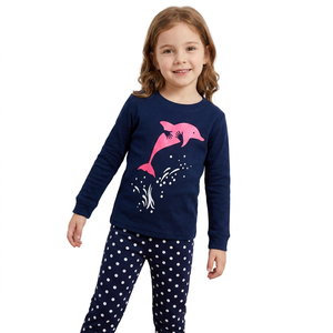 Conjunto de Pijama para Niñas, Color Azul Marino, Manga Larga, con Estampado de Delfines Rosados y Pantalones con Puntos, Tejido de Algodón Informal, Hecho en Bangladesh - Product Image 1