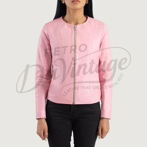 Premium Women Pink Real <b>Leather</b> <b>Jacket</b> Collarless Round Neck Slim Fit Soft Sheepskin Casual Coat Elegant <b>Leather</b> Outerwear - Product Image 5