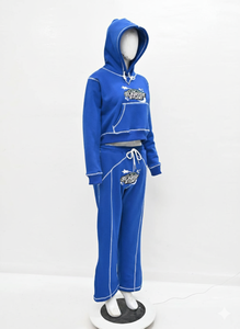 Tracksuits Men's Solid Blue Panel Work Contrast Five Thread Stitch Applique <b>Embroidery</b> Letters Casual Pullover Loose Bottom <b>Sets</b> - Product Image 6