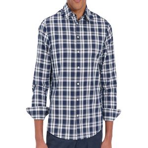Camisa de Hombre Transpirable, Azul Marino con Cuadros Blancos, 100% Algodón Teñido, Manga Larga, Botones, Estilo Casual, Cuello Clásico, Corte Regular - Product Image 1