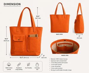 กระเป๋าผ้าแคนวาสสีส้ม สีพื้น สไตล์มินิมอล ใช้ได้ทุกวัน กระเป๋าช้อปปิ้ง ทนทาน ใช้งานได้หลากหลาย ดีไซน์เหนือกาลเวลา - Product Image 2