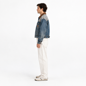 Veste en jean bleu délavé vintage pour homme, col en velours côtelé marron, jugulaire rayé, patch en cuir, boutons personnalisés, coupe classique, respirante - Product Image 3