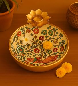 Bol Urli Oriental Premium Meena avec support pour bougie chauffe-plat en forme de lotus |   Centre de table en métal artisanal pour Pooja Diwali à la maison - Product Image 4