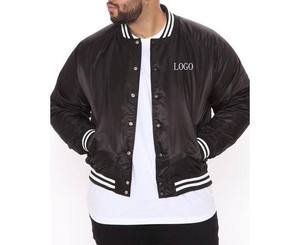 Men's Black Bomber Jacket With White Stripe Trim Embroidered Logo Front <b>Button</b> Closure Regular Fit Autumn Casual Style - Product Image 6