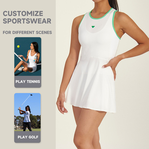 Women's White Sleeveless Golf Dress With Green Trim Sporty Pleated Skirt Breathable Woven Fabric Round <b>Neck</b> Pullover Style - Product Image 3
