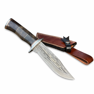 Handmade Camping <b>Knife</b> with Drop Point Blade and Straight Edge in Damascus Steel <b>Bone</b> <b>Handle</b> with Leather Sheath - Product Image 1