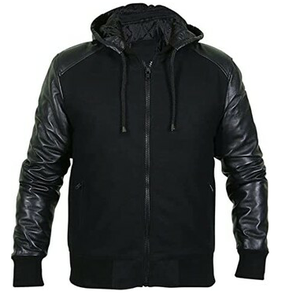 Sudadera con Capucha y Mangas de Cuero, Forro Polar Cortavientos, Estilo Motero, Ropa de Invierno para Hombre, Negra, con Cierre y Mangas de Cuero - Product Image 1