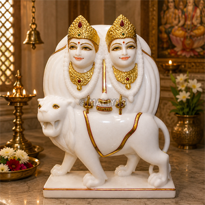 Premium Marble Chamunda Mata Statue | Handcrafted White Marble Chamunda Devi Murti with Lion | MALIYAS Jaipur - Product Image 1