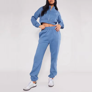 Women Blue Cotton <b>Tracksuit</b> Set Full Length Sweatpants Zipper Hoodie Casual Regular Printed Lightweight Autumn Solid Color - Product Image 2