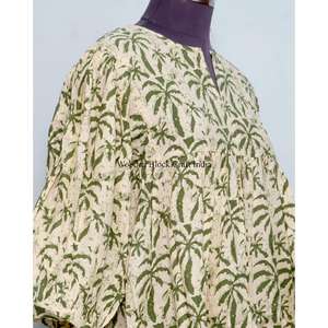 Haut maxi en coton imprimé à la main pour femmes, confortable, respirant, écologique, aux designs élégants, style bohème, motifs floraux japonais pour filles - Product Image 5