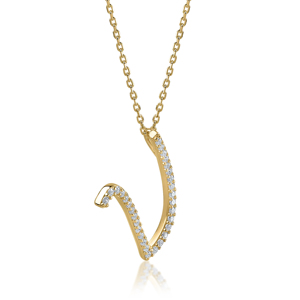 Collar con Colgante de Letra V en Oro Amarillo y Diamantes, Corte Brillante Redondo, Minimalista, Cadena de Caja para Mujer, Uso Diario - Product Image 2