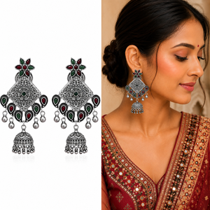 Large Quantity <b>Oxidized</b> Silver Ethnic Indian Bollywood Jhumka Antique Pear Cut Bezel Setting Women's Earrings Wholesale Supplier - Product Image 1