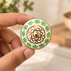 SHUBHAM Handmade <b>Ceramic</b> Cabinet <b>Knob</b> with Brass Base Green Floral Decorative Drawer Dresser <b>Cupboard</b> Furniture Handle - Product Image 2