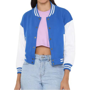 Veste universitaire bleue et blanche à blocs de couleur, coupe classique, col rabattu, fermeture boutonnée, style preppy unisexe, longueur courte - Product Image 5