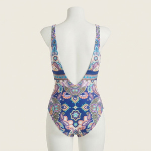 Women's <b>Bikini</b> Crew Neck Paisley Print High Waist Spandex Polyester Stretch Contrast Binding Eco-Friendly Breathable 1 Front - Product Image 3