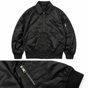 Blouson bomber noir pour homme, coupe-vent, zippé, avec col rabattable - Product Image 3