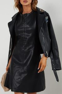 Women's Black PU <b>Leather</b> Hooded Thick <b>Winter</b> Casual Moto <b>Jacket</b> with Zipper Closure Slim Fit Regular Sleeve Turn-down Collar - Product Image 2