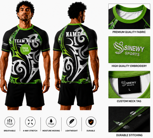 SINEWY Sports – T-shirt de compression MMA personnalisé pour homme, noir et vert, imprimé par sublimation, séchage rapide, ajusté, vêtement de sport, Rash Guard - Product Image 1