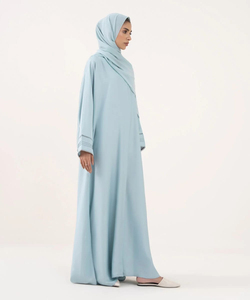 Light Blue <b>Long</b> Sleeve Floor Length Abaya <b>For</b> Women Modest Muslim Clothing Solid Color Polyester Loose Fit Middle East Style - Product Image 3