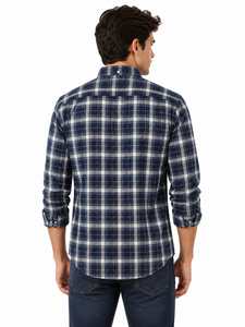 Chemise décontractée à carreaux bleu marine pour homme, motif tartan classique, en coton, col rabattu, manches longues, coupe régulière - Product Image 2