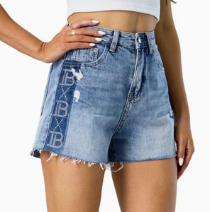 Custom Side Rhinestone Short Pants Raw Hem Frayed Denim Shorts Women - Product Image 5