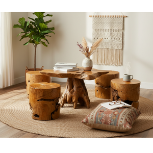 Ensemble de table en racine de teck rustique de luxe artisanal, tabourets en bois naturel, meubles de salon, villas, cafés, non pliable - Product Image 4