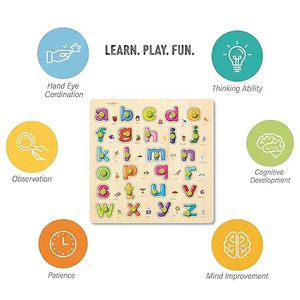 Puzzle en bois à bouton rotatif : Petits chiffres et lettres anglaises – Jouet éducatif en bois pour tout-petits – Planche éducative en bois avec petits chiffres et lettres - Product Image 3