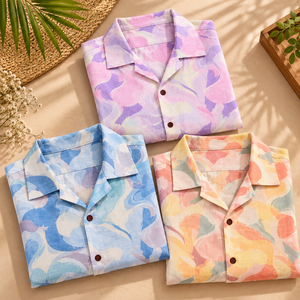 เสื้อเชิ้ตคอกลมแขนสั้นผ้าฝ้ายสลับลายพิมพ์สำหรับผู้ชายสไตล์ลำลองใส่เที่ยวทะเลฤดูร้อน เหมาะสำหรับวันหยุดพักผ่อน  ขายส่งจากผู้ผลิต - Product Image 1