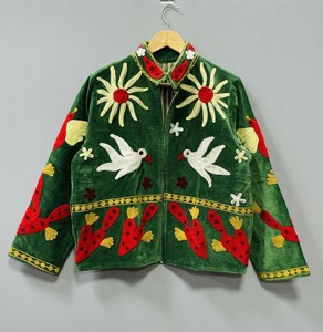Green Suzani Velvet Embroidered Jacket With Floral And <b>Bird</b> Motifs Mandarin Collar Handmade Wool Winter Wear - Product Image 1
