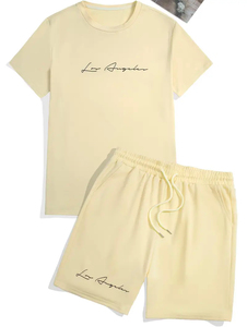 Conjunto de Camiseta y Pantalones Cortos Casuales de Verano para Hombre, Color Amarillo Mostaza, Cuello Redondo, Diseño con Letras Impresas, Transpirable y Cómodo, Tejido de Punto - Product Image 6